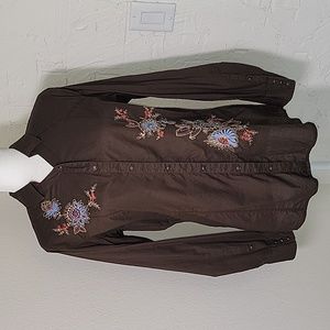 Ariat Shirt Blouse Top Fitted Pearl Snap Button Down Embroidered Floral Brown XL